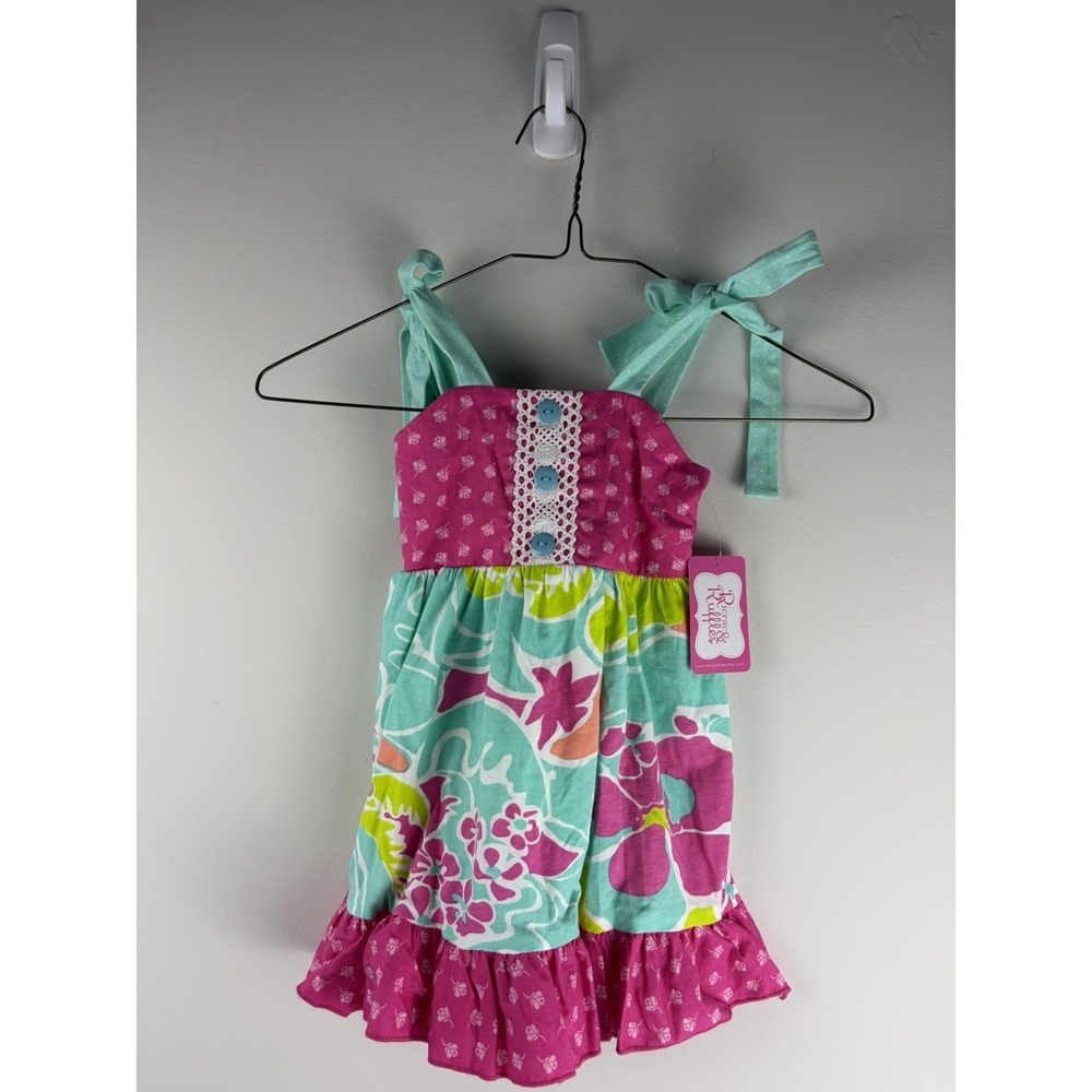 Ricrac & Ruffles Pink Green Floral Sundress 18M Girls Cotton Blend NWT Bright